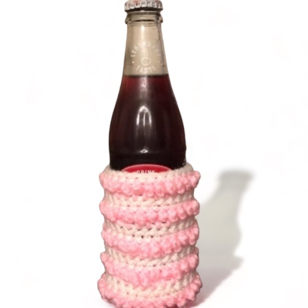Crochet Coozie Pink White Handmade NEW Made For Breast Cancer Handcrafted